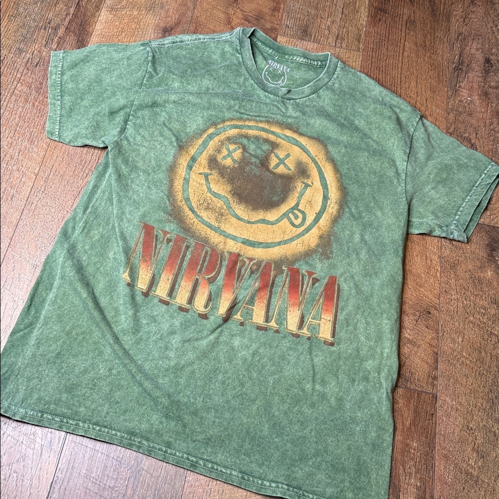 Nirvana Washed Dye Band Tee green smiley face t-shirt size large - Picture 2 of 7